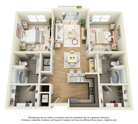 a 3 bedroom floor plan is shown in this rendering